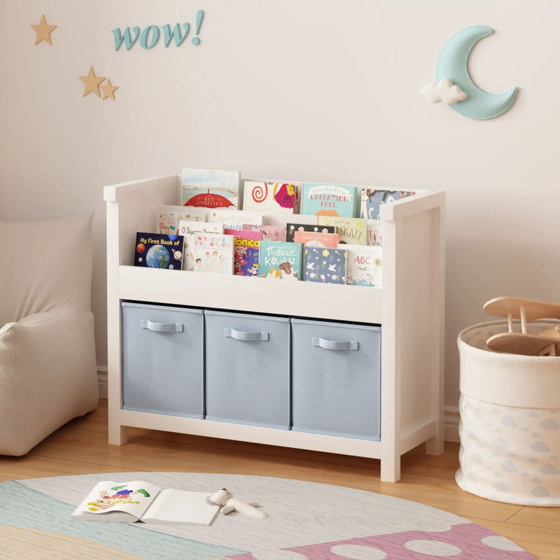 Bookshelf With 3 Tier Front Facing Storage And 3 Bins, Toddler Bookcase For Playroom - White by Unique Piece Furniture