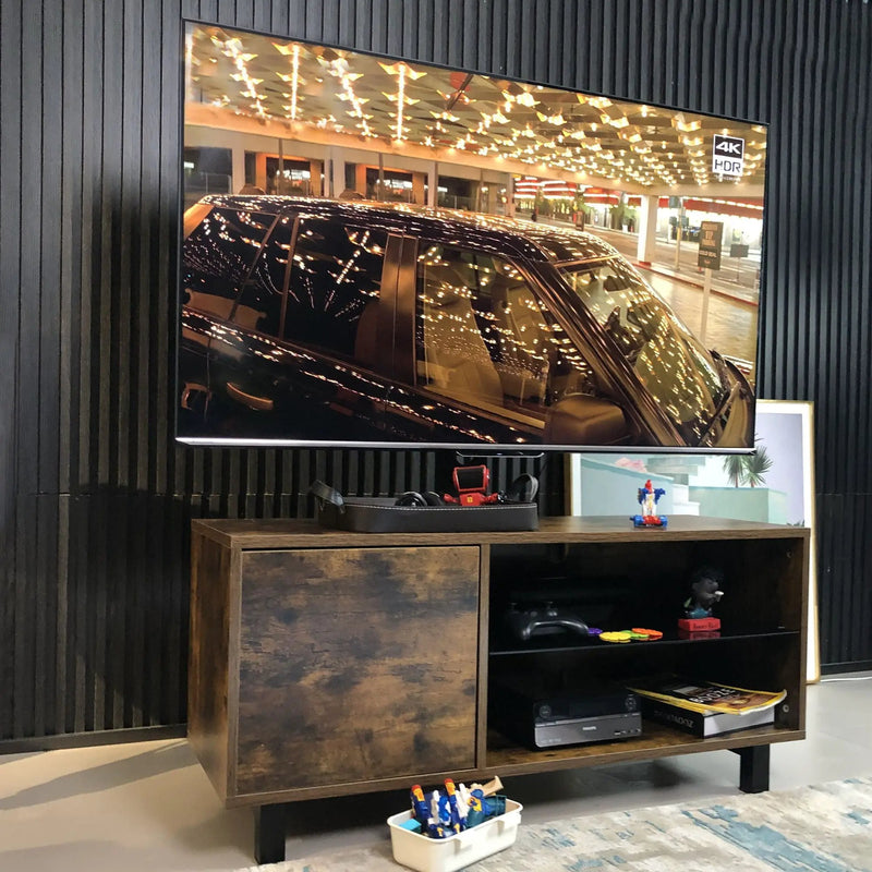 Rustic Brown TV Console With Push-To-Open Storage Cabinet For TV, Wood & Glass TV Stand For Living Room Bedroom - Rustic Brown by HouseOfZazla