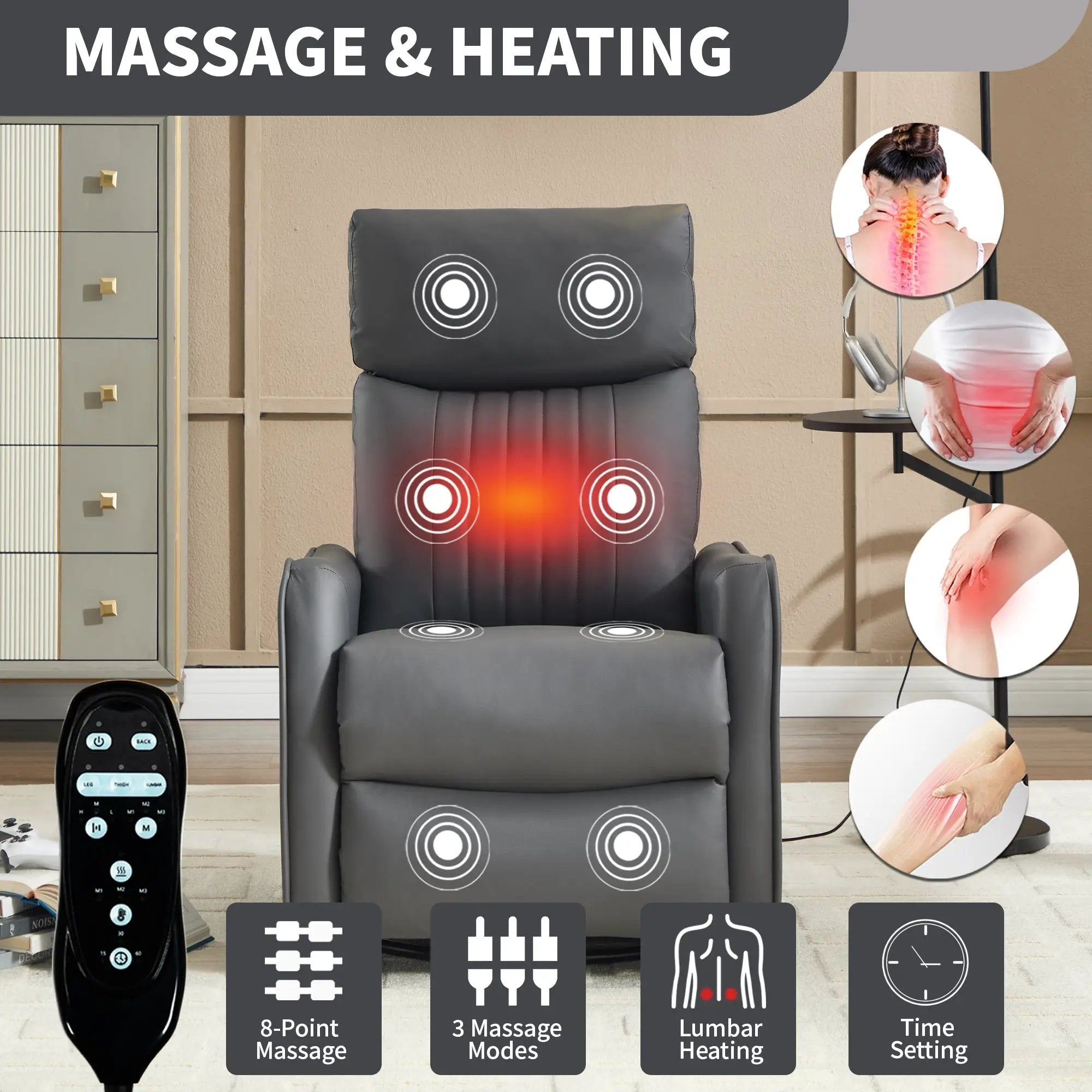 Grey Faux Leather Heat Massage Manual Recliner Chair with Rocker and Swivel by HouseOfZazla