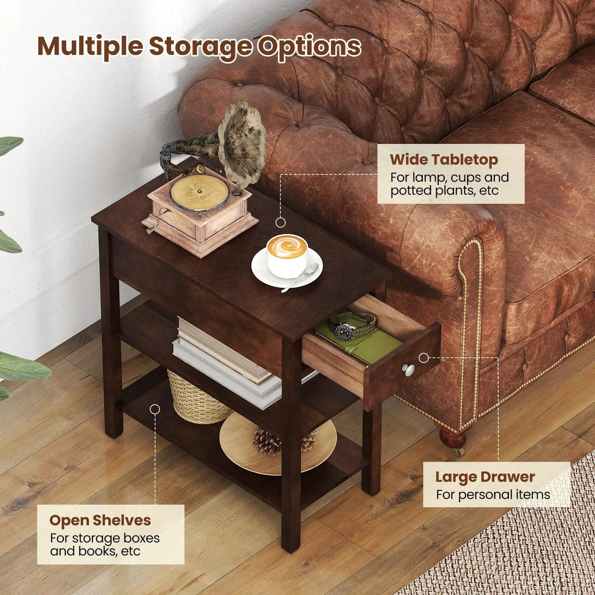 3-Tier Narrow End Table with Drawer and Storage Shelves, photo 13 of 16