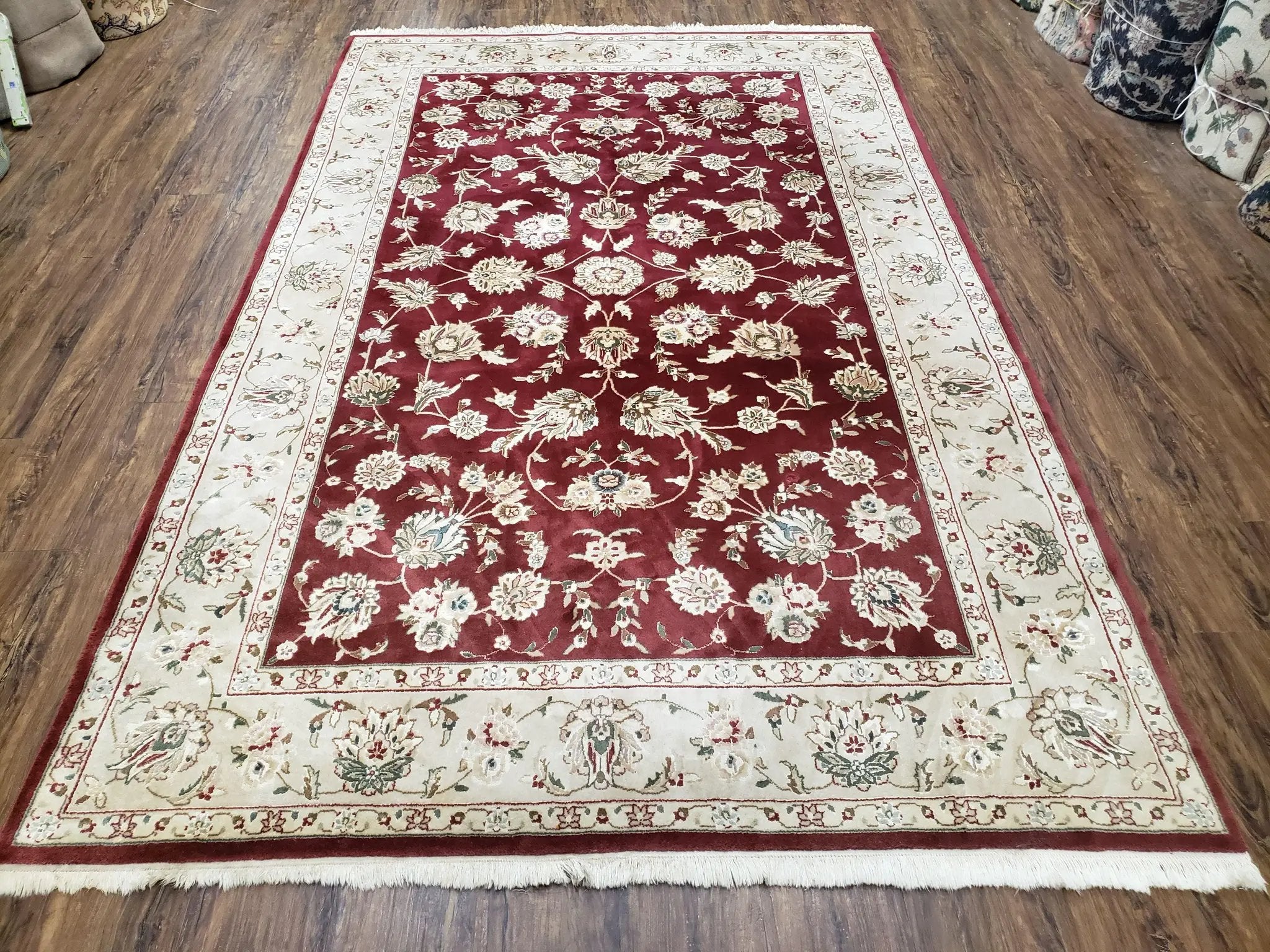 Vintage Traditional Oriental Area Rug, Hand-Knotted, Wool & Silk Accents, Maroon Red and Beige, 6x9 Carpet, 5' 9" x 9' by Jewel Rugs