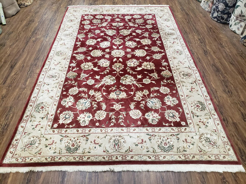 Vintage Traditional Oriental Area Rug, Hand-Knotted, Wool & Silk Accents, Maroon Red and Beige, 6x9 Carpet, 5' 9" x 9' by Jewel Rugs