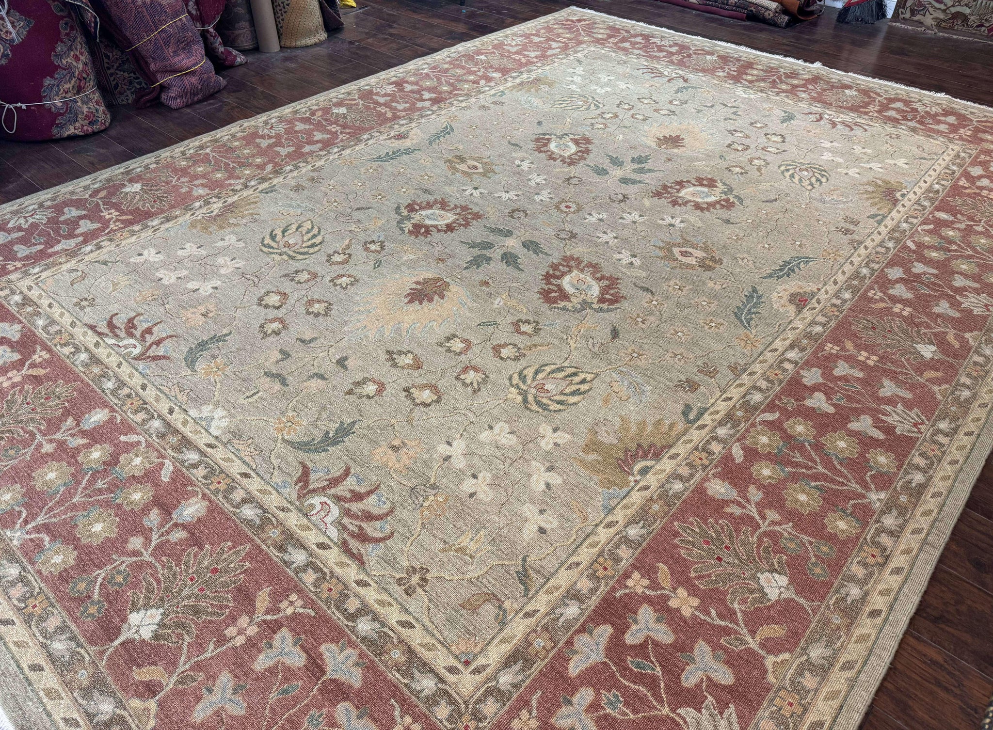 Large Turkish Soumak Rug 10x14, Flatweave Dhurrie, Handmade, Light Green and Salmon by Jewel Rugs