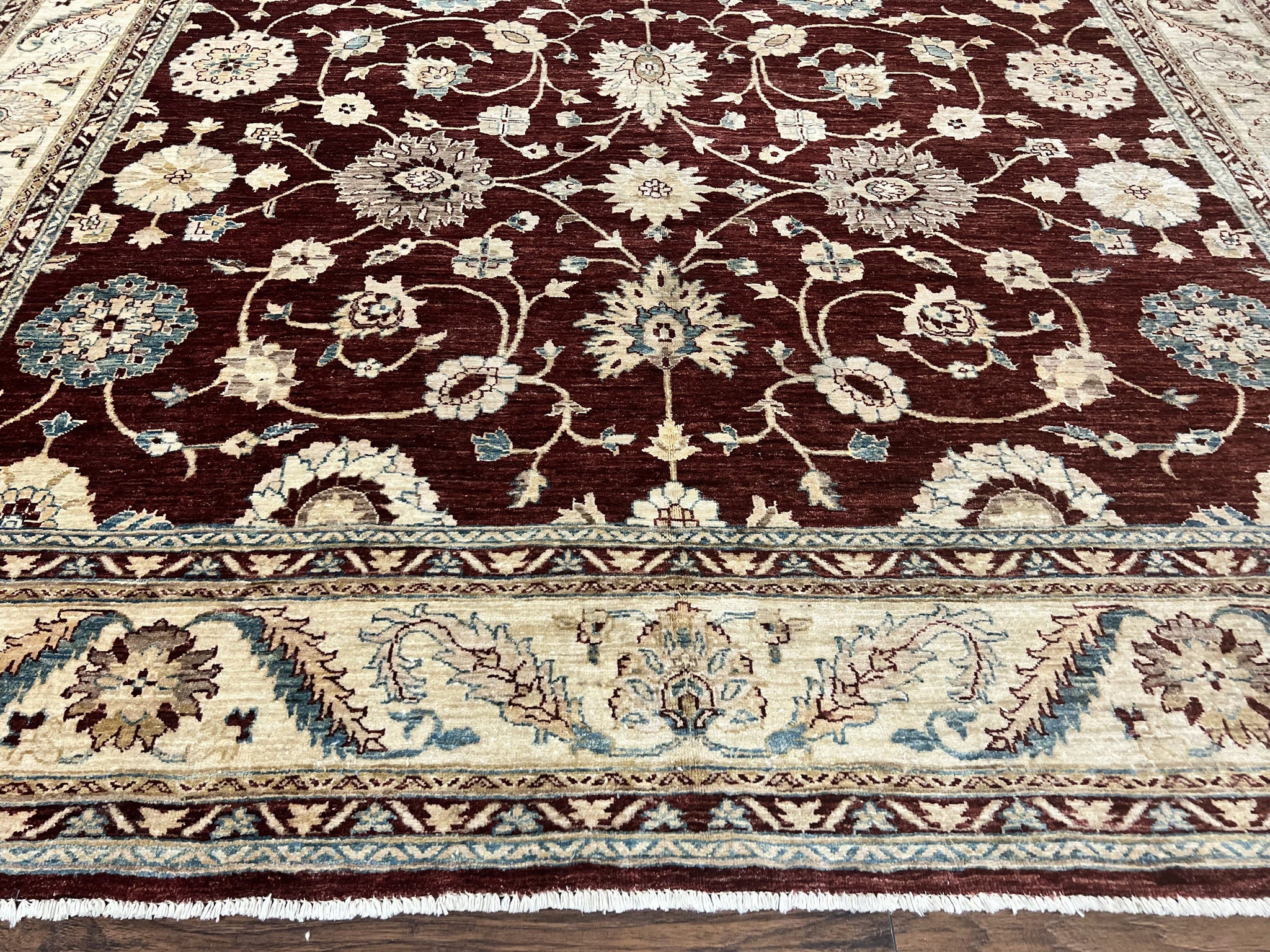 Peshawar Rug 9x11, Pakistani Oriental Carpet, Maroon and Beige, Floral Allover, Wool Hand Knotted Handmade Vintage Rug by Jewel Rugs