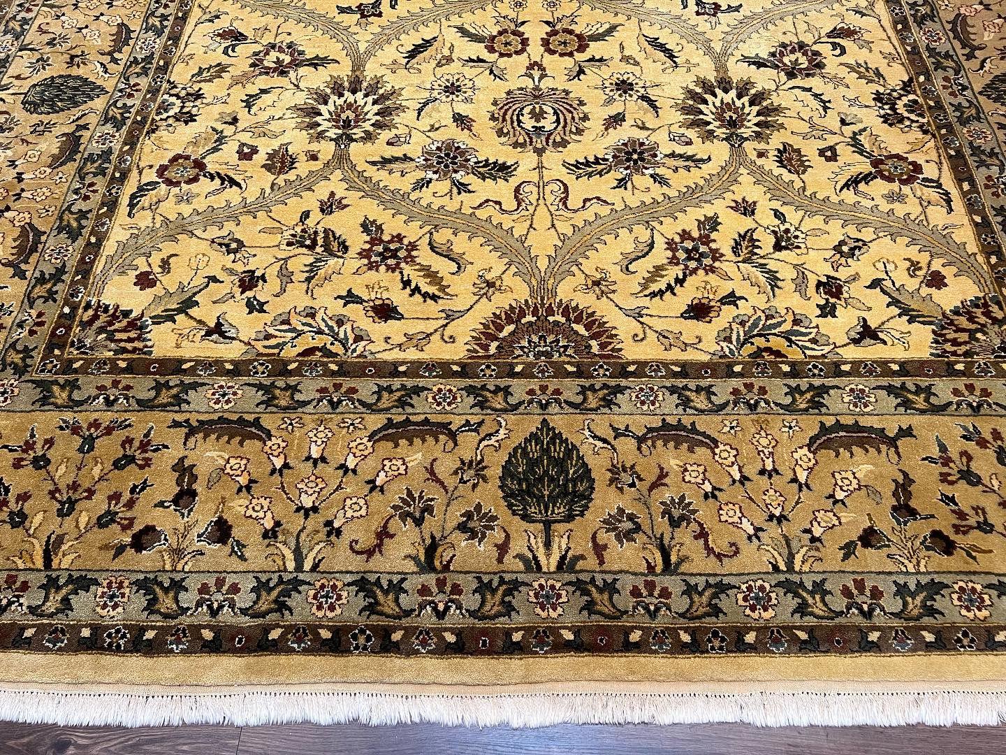 Indo Persian Mahal Rug 10x14, Wool Hand Knotted Oriental Carpet, Cream Floral Allover, Vintage Area Rug 10 x 14, Traditional Rug, Handmade by Jewel Rugs