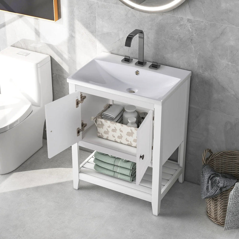 Modern Sleek Bathroom Vanity Elegant Ceramic Sink With Solid Wood Frame Open Style Shelf - White by Unique Piece Furniture