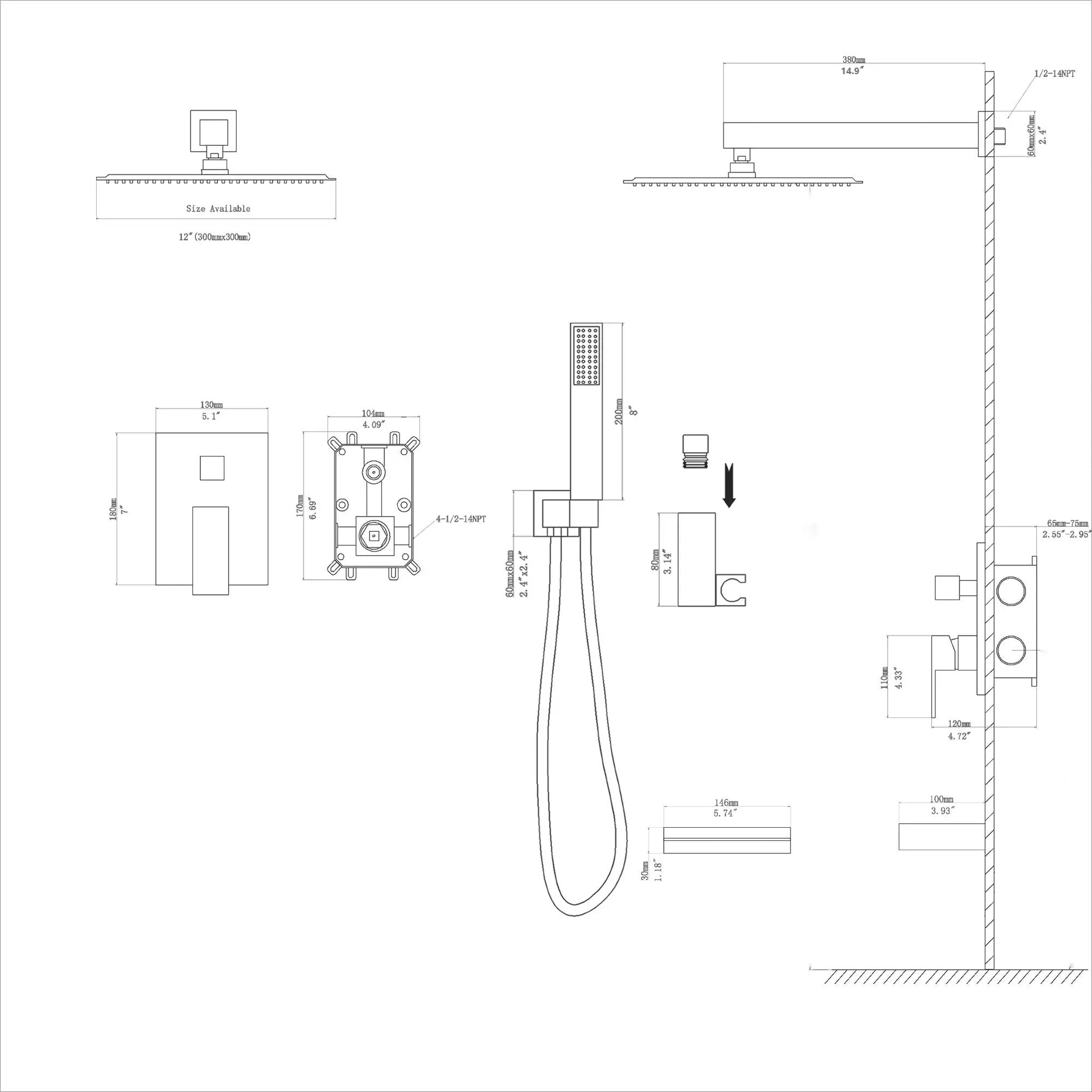 Square Shower System With Waterfall Tub Spout And Rough In Valve, Wall Mounted by HouseOfZazla