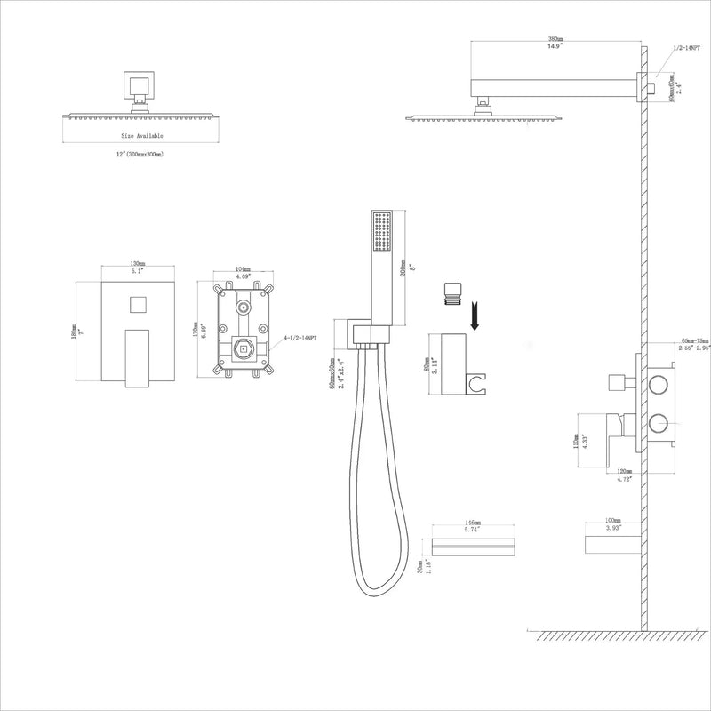 Square Shower System With Waterfall Tub Spout And Rough In Valve, Wall Mounted by HouseOfZazla