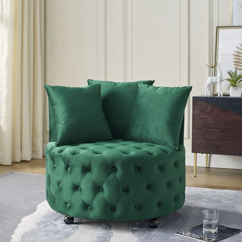 Modern Upholstered Swivel Chair With Button Tufted Design And Movable Wheels by HouseOfZazla