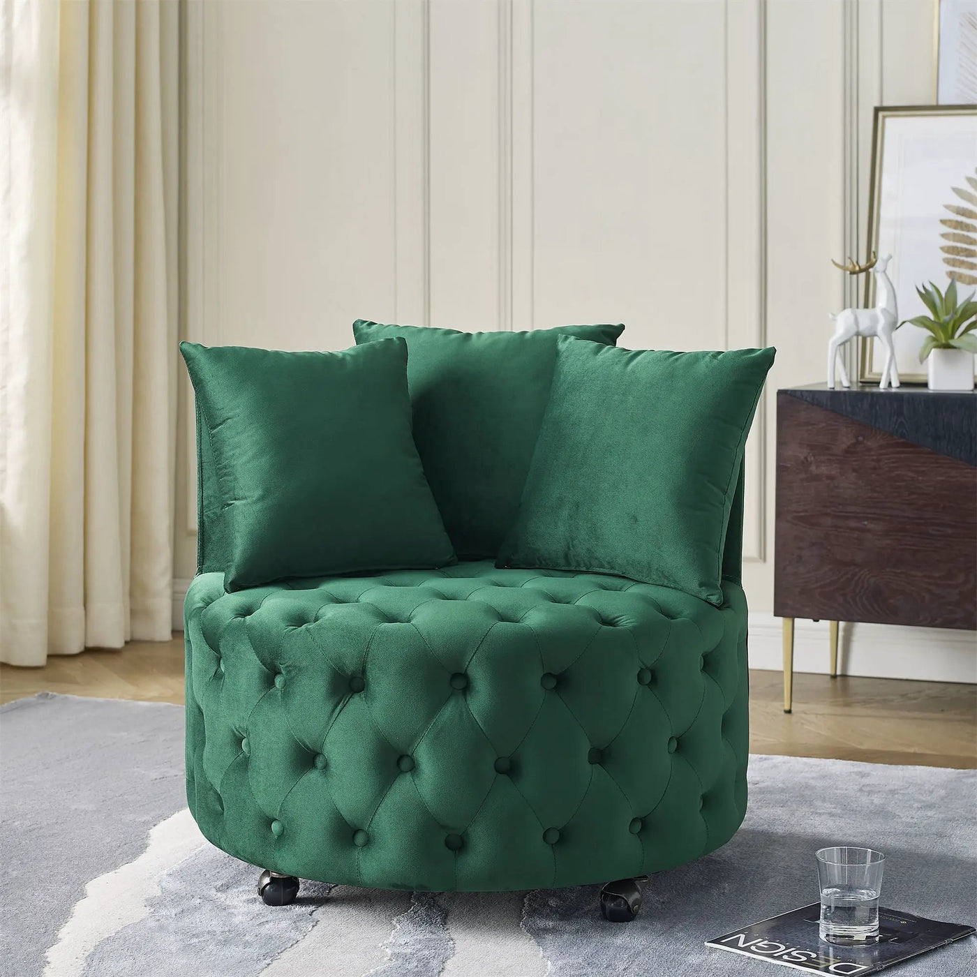 Modern Upholstered Swivel Chair With Button Tufted Design And Movable Wheels by Unique Piece Furniture