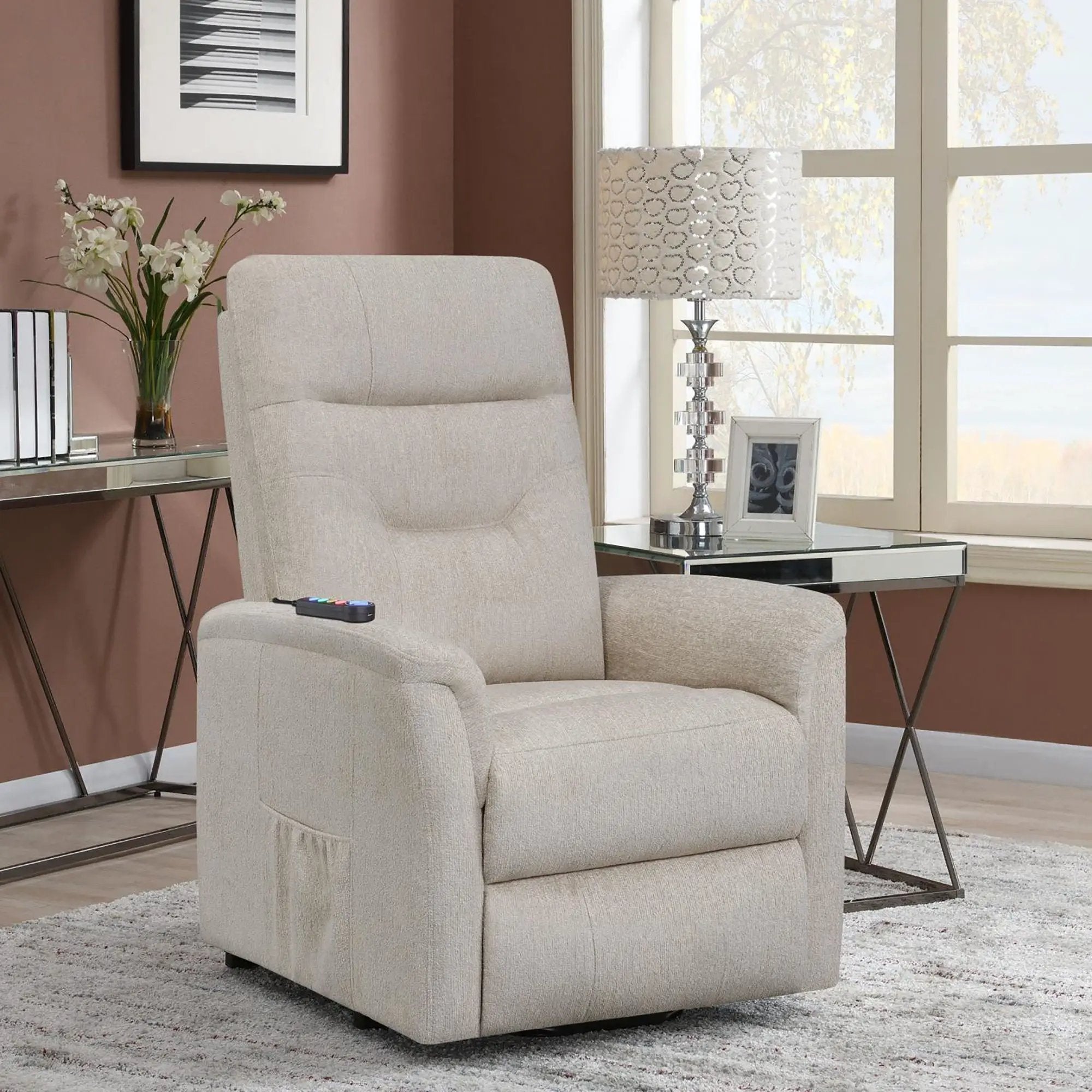 Upholstered Power Lift Recliner With Storage Pocket And USB Charging - Beige by HouseOfZazla