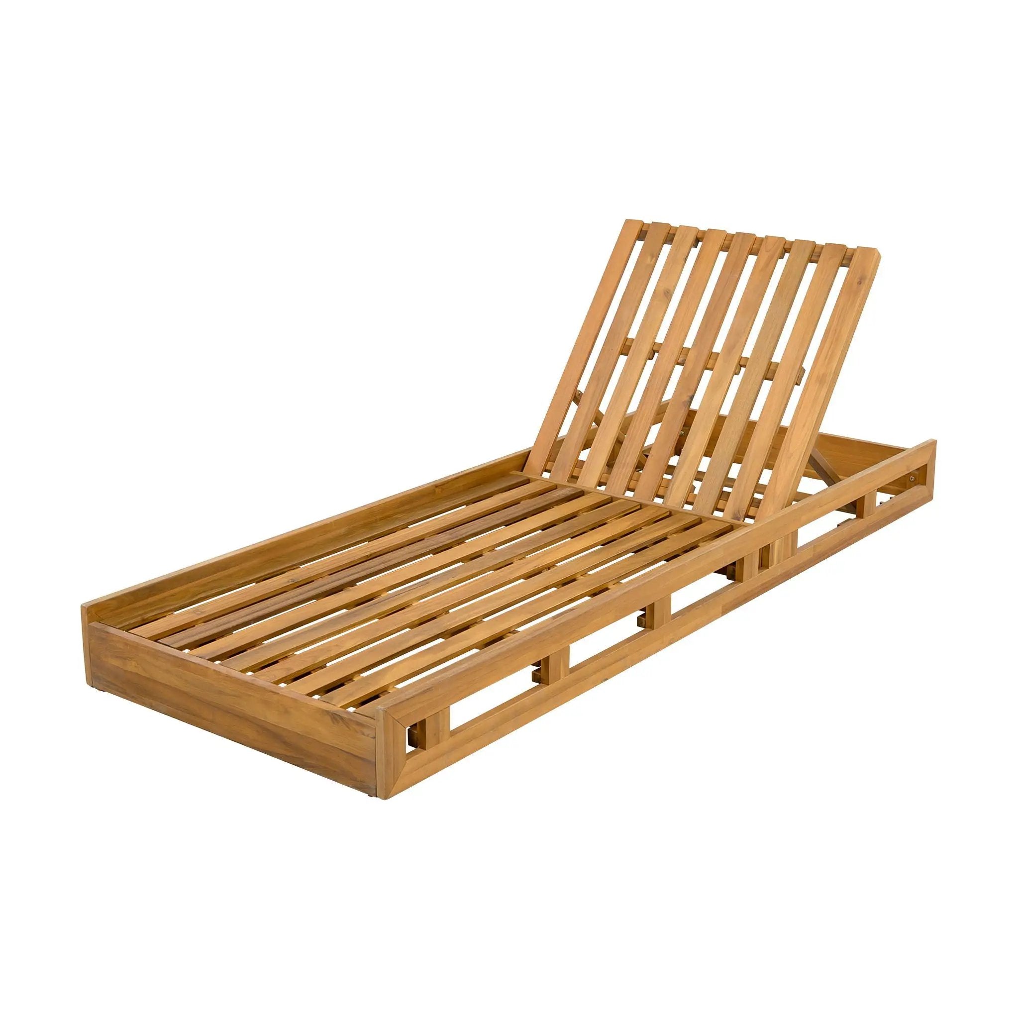 Premium Acacia Wood Lounge Chaise Set With Water Resistant Cushions, Adjustable Recline - Cream / Teak by HouseOfZazla