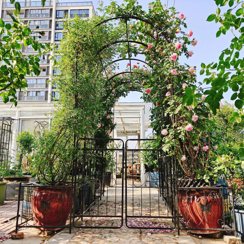 Metal Garden Arch With Gate High Climbing Plants Support Rose Arch Outdoor - Black by Unique Piece Furniture