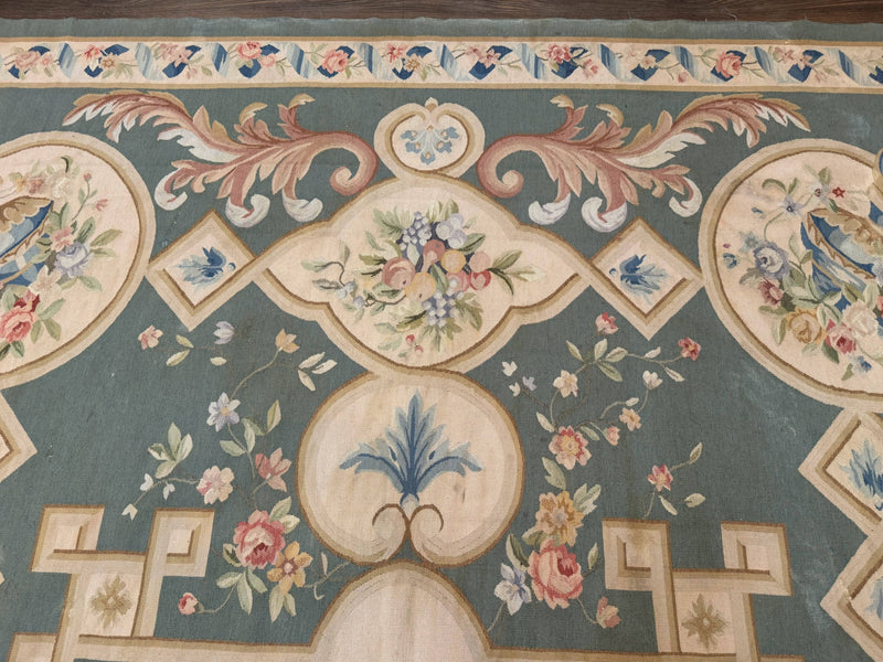 Aubusson Rug 9x12, Muted Sage Green and Cream, European Design by Jewel Rugs