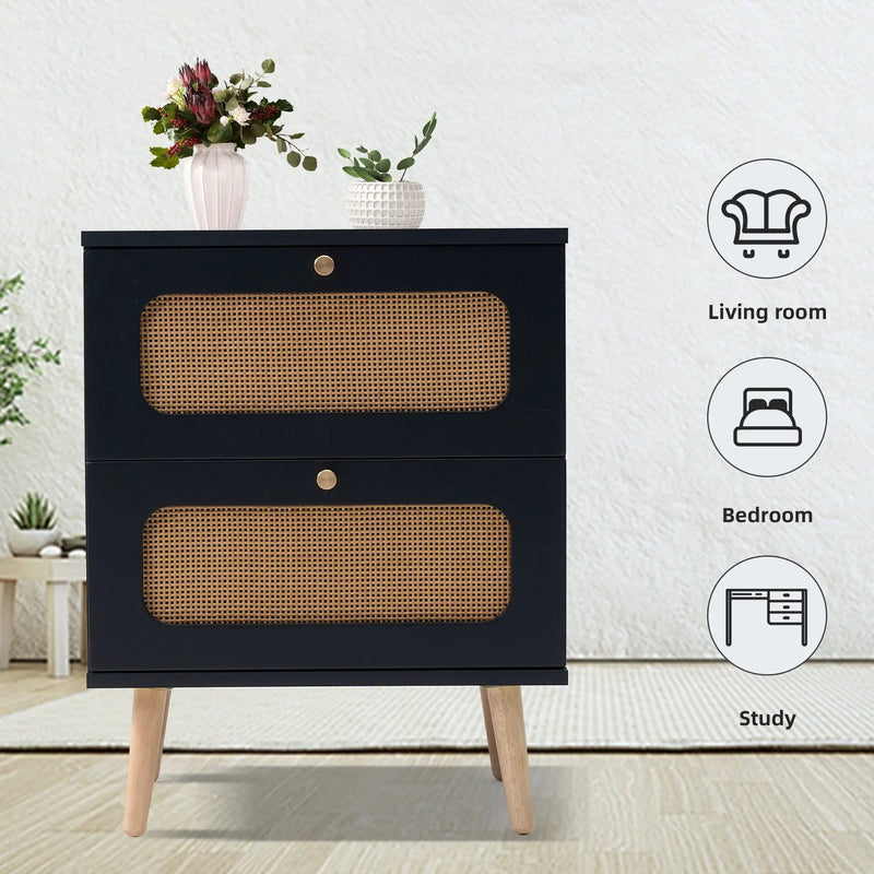2 Drawer Rattan Nightstand For Bedroom And Living Room, End Table, Side Table With 2 Hand Made Rattan Decorated Drawers - Black by HouseOfZazla