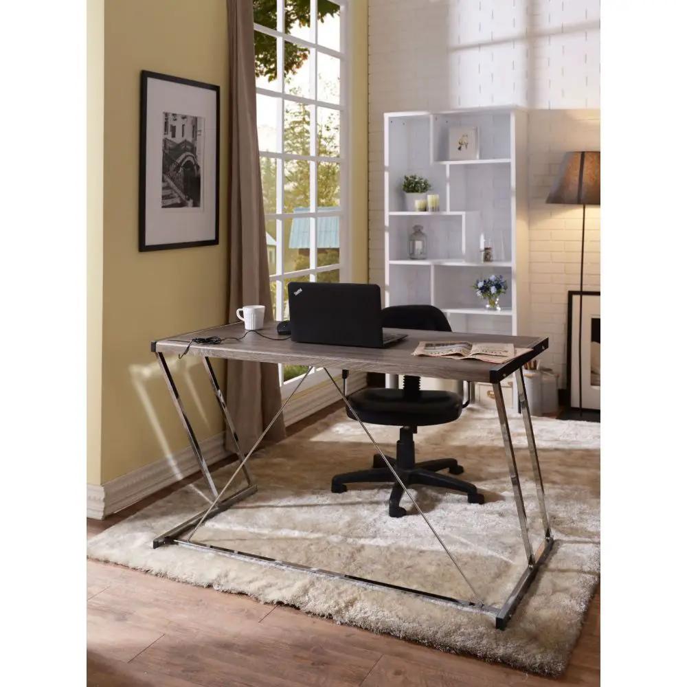 Finis - Writing Desk With USB - Weathered Oak & Chrome by Unique Piece Furniture