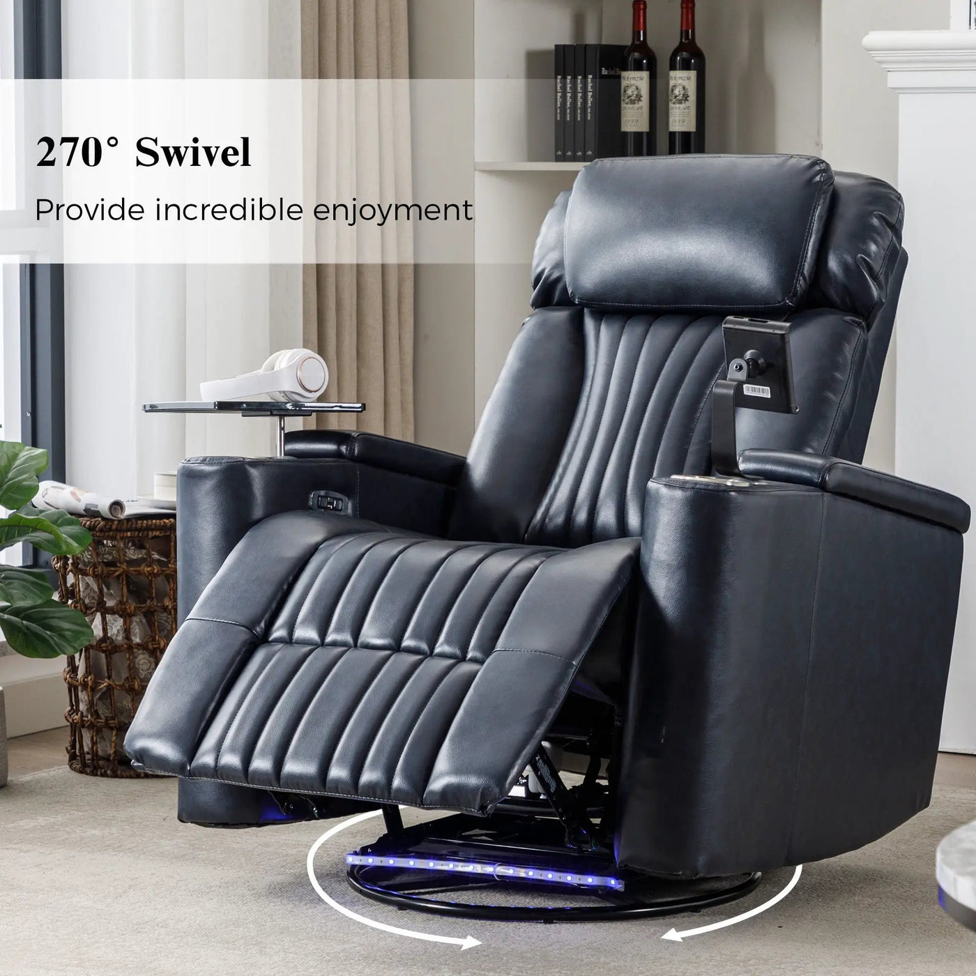 270° Power Swivel Recliner Home Theater Chair With Hidden Arm Storage, LED Light, Cup Holder, And Tray Table by Unique Piece Furniture