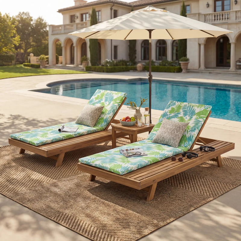 Lounge Chaise Set, Space Available On One Side, Acacia Wood In light brown With Water-Resistant Lounge Cushions (Leaf Coconut & 2 Inch Thick) – Matching Cream/Dark Grey Version Available by HouseOfZazla