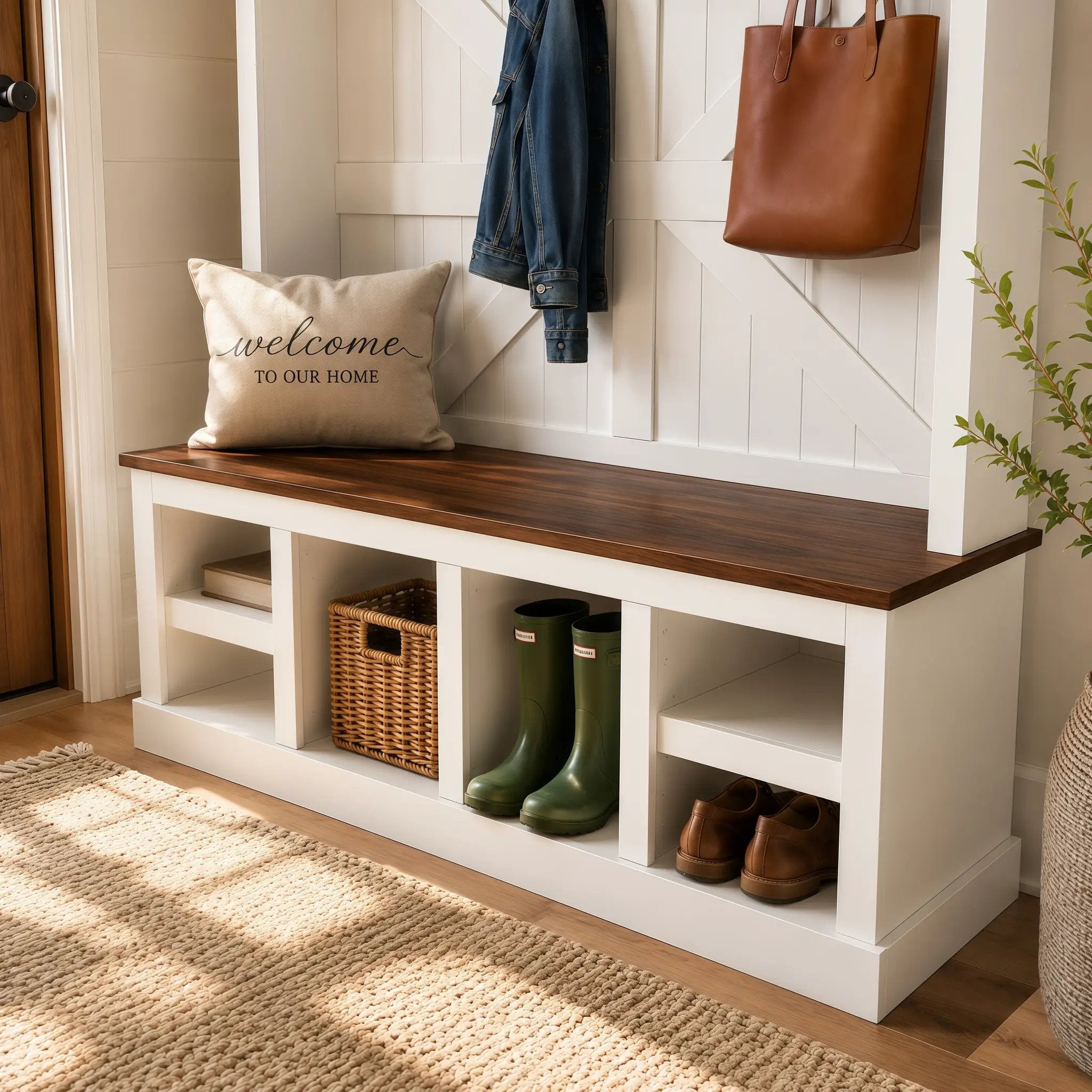 Farmhouse Hall Tree with Bench and Shoe Storage by HouseOfZazla