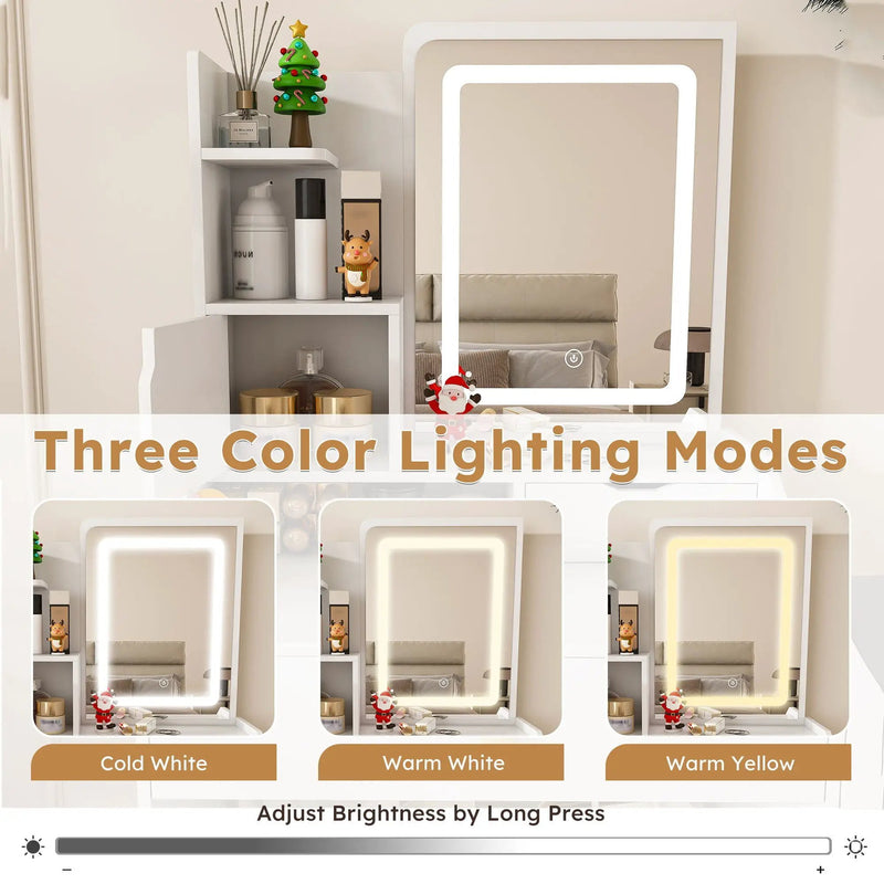 3 Color LED Vanity Mirror With Stool, Dressing Table For Bedroom, 2 Drawers & 5 Storage Cabinets (4 Open + 1 Hidden), Adjustable Lighting - White by HouseOfZazla