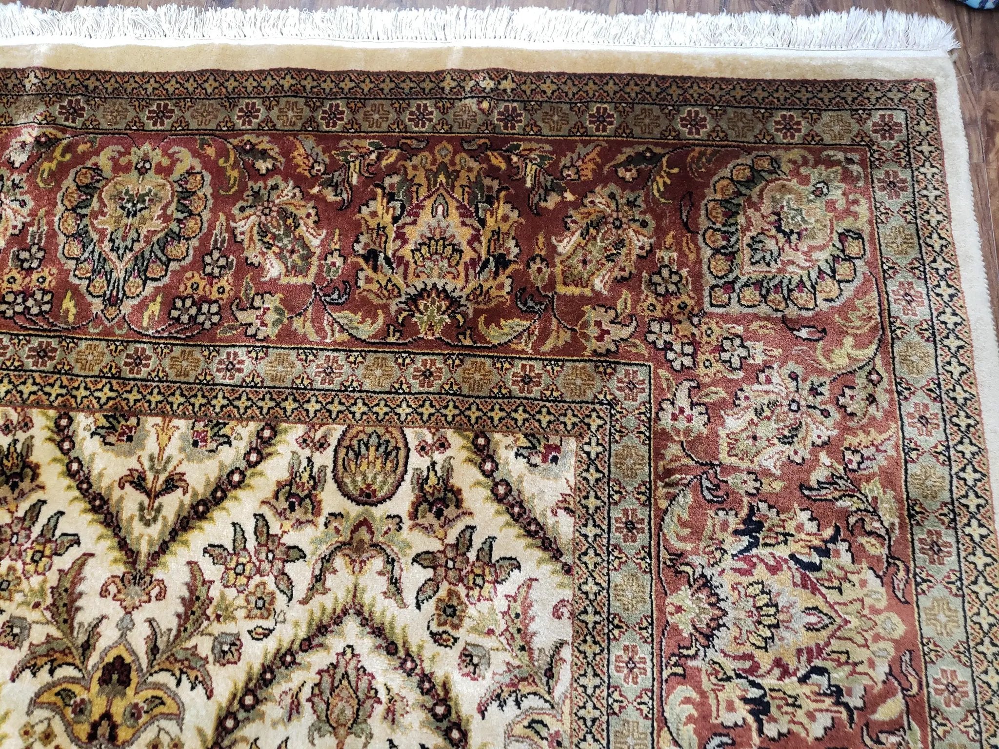 Vintage Indo Persian Area Rug 9x12, Wool Hand-Knotted Ivory & Dark Red Oriental Carpet, Fine Weave 9 x 12 Indian Rug, Dining Room Rug by Jewel Rugs
