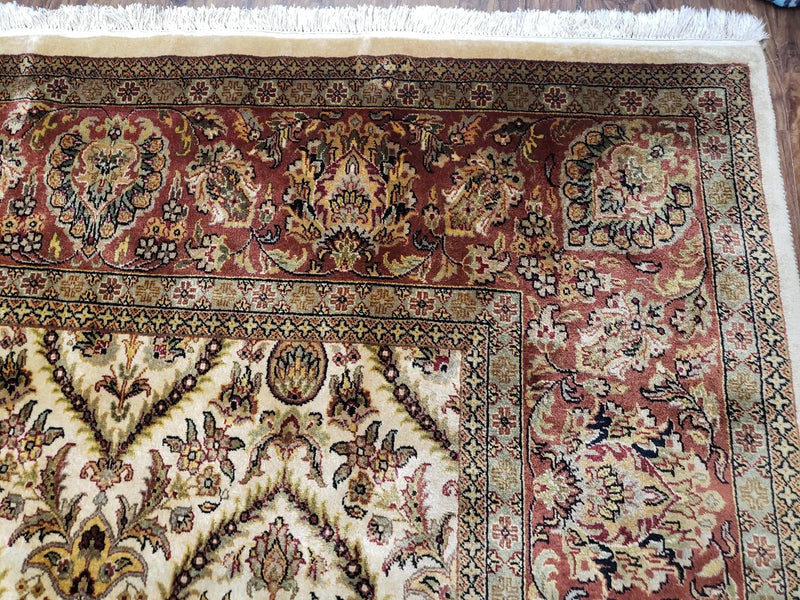 Vintage Indo Persian Area Rug 9x12, Wool Hand-Knotted Ivory & Dark Red Oriental Carpet, Fine Weave 9 x 12 Indian Rug, Dining Room Rug by Jewel Rugs