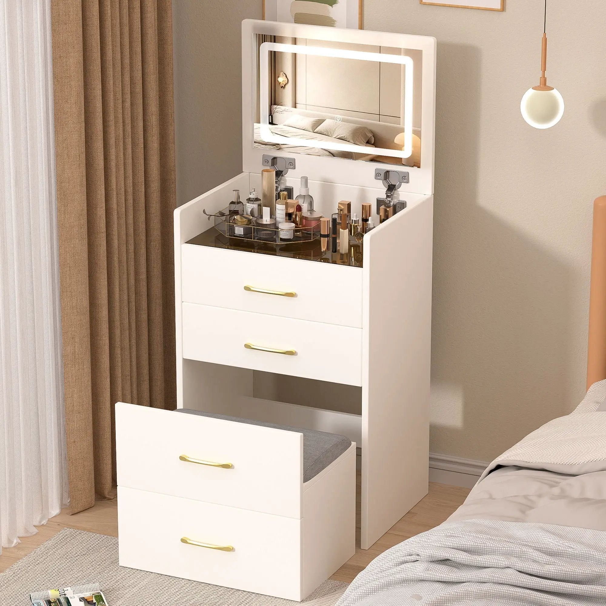 Compact 3 In 1 Vanity Desk With Open Top Mirror, Glass Desktop, 5 Height - White by Unique Piece Furniture