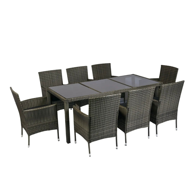 9 Piece Outdoor Patio Wicker Dining Set Patio Wicker Furniture Dining Set Glass Top - Gray / Black by HouseOfZazla