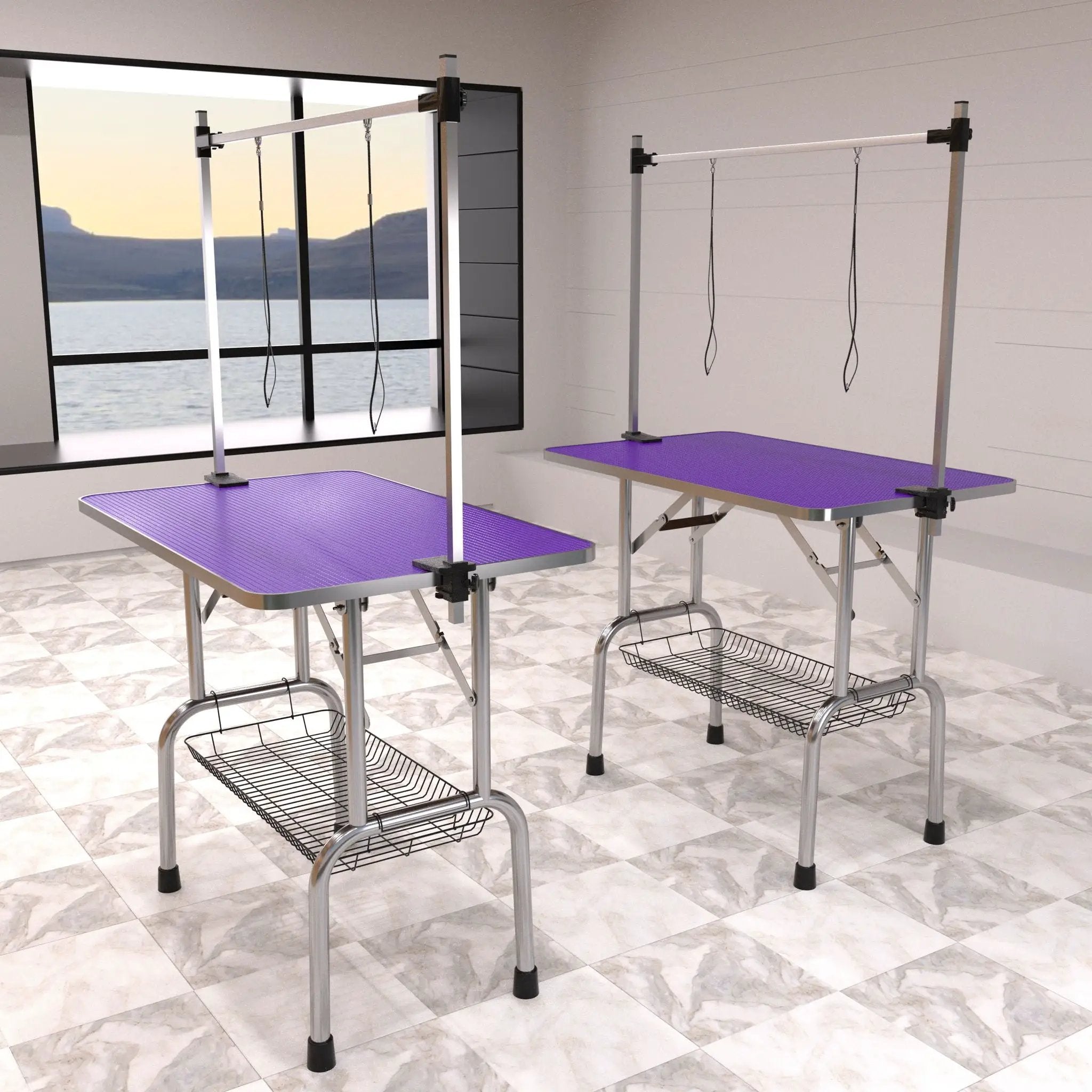 Folding Dog Pet Grooming Table Stainless Steel Frame Rubber Mat On Board With Adjustable Arm And Clamps Pet Dog Cat Grooming Table by HouseOfZazla