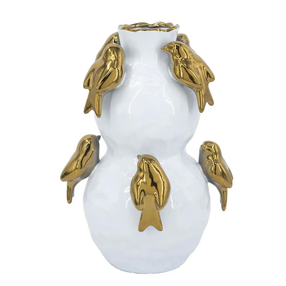 8.5x8.5x14 White Two-Tiered Ceramic Vase with Gold Bird Accents by HouseOfZazla