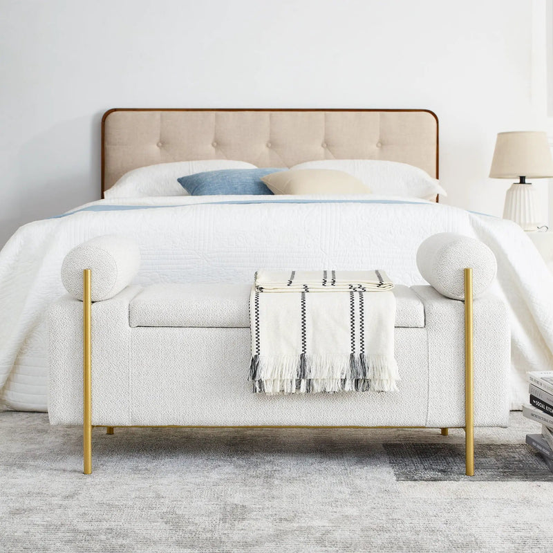 Elegant Upholstered Storage Bench With Cylindrical Arms And Iron Legs, by Unique Piece Furniture