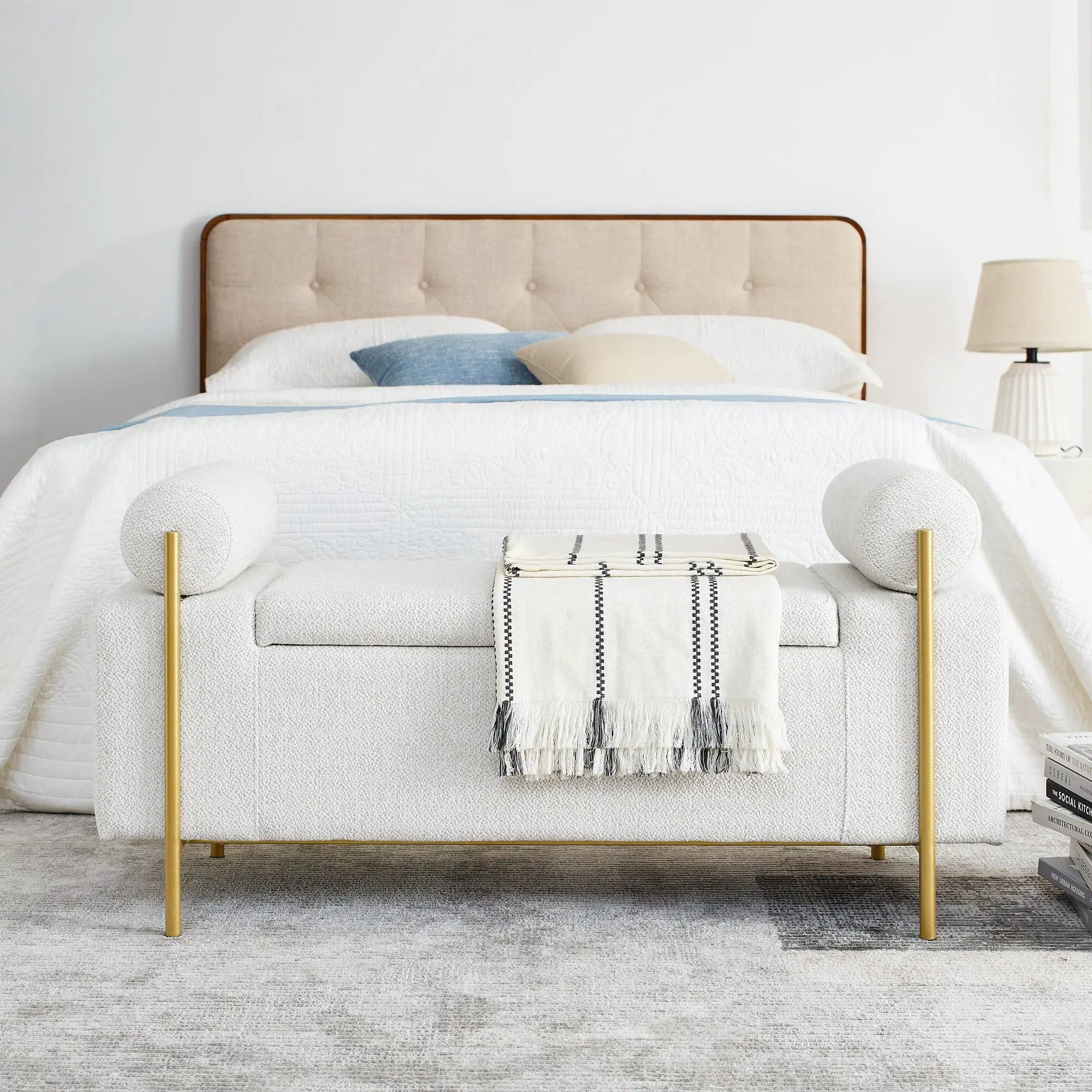 Elegant Upholstered Storage Bench With Cylindrical Arms And Iron Legs, by Unique Piece Furniture