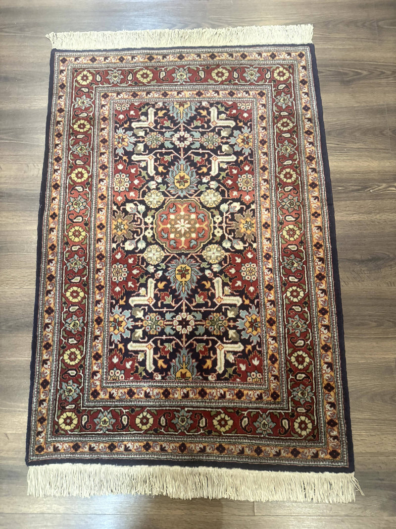 Turkish Hereke Rug 3x5, Navy Blue and Red, Fine 210 KPSI by Jewel Rugs