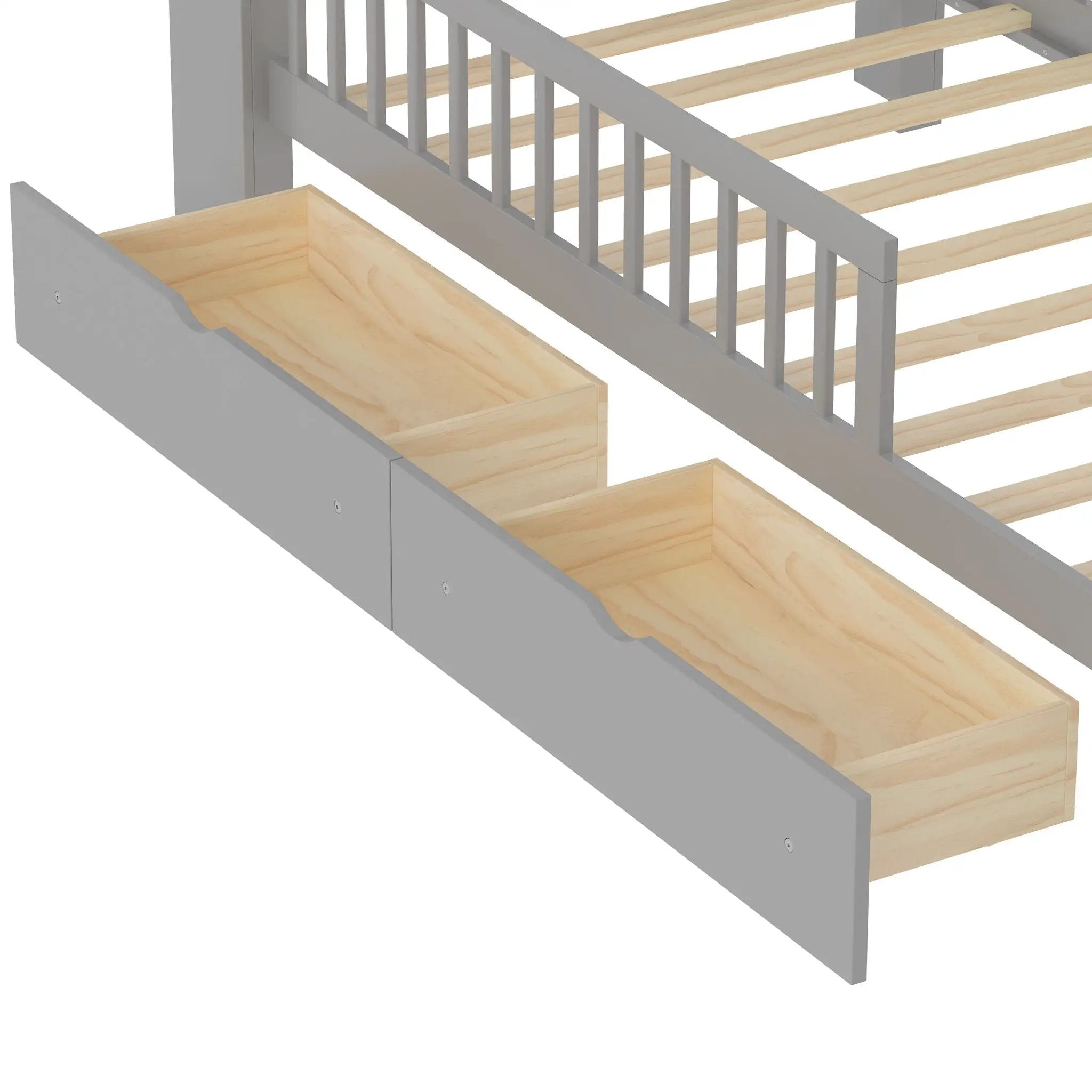Bed With Headboard Storage Rack, 2 Under Bed Drawers, 3 Side Guardrails For Safety by HouseOfZazla