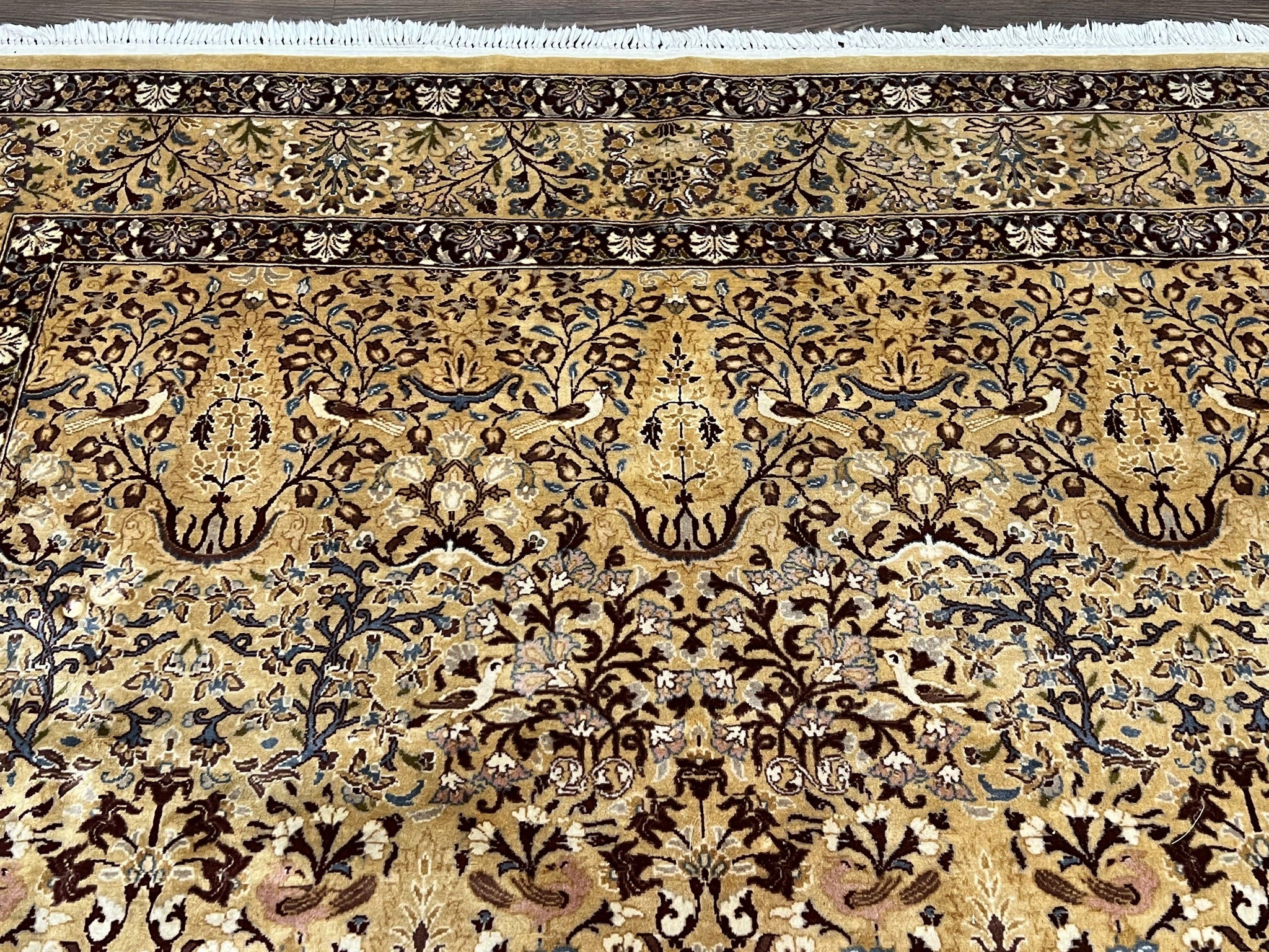 Pretty Indo Persian Rug 6x9, Allover Floral Motif with Birds, Tan/Cream, Very Fine Oriental Carpet, Hand Knotted Vintage Indian Wool Rug by Jewel Rugs