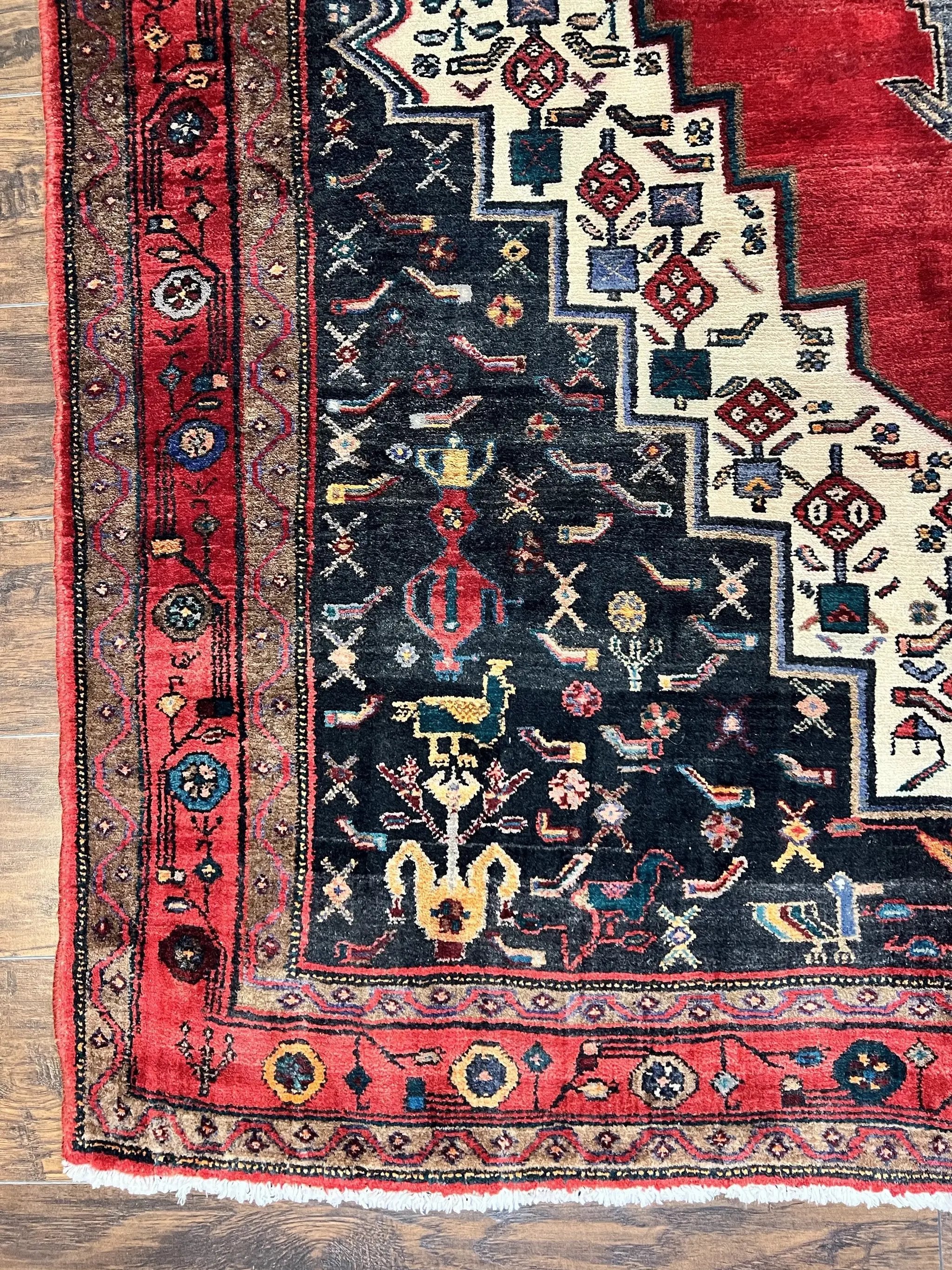 Persian Rug 5x12 ft, Red Cream Navy Blue, Pictorials, Hand Knotted Handmade Wide Runner Tribal Bidjar Semi Antique Wool Geometric Oriental Rug by Jewel Rugs
