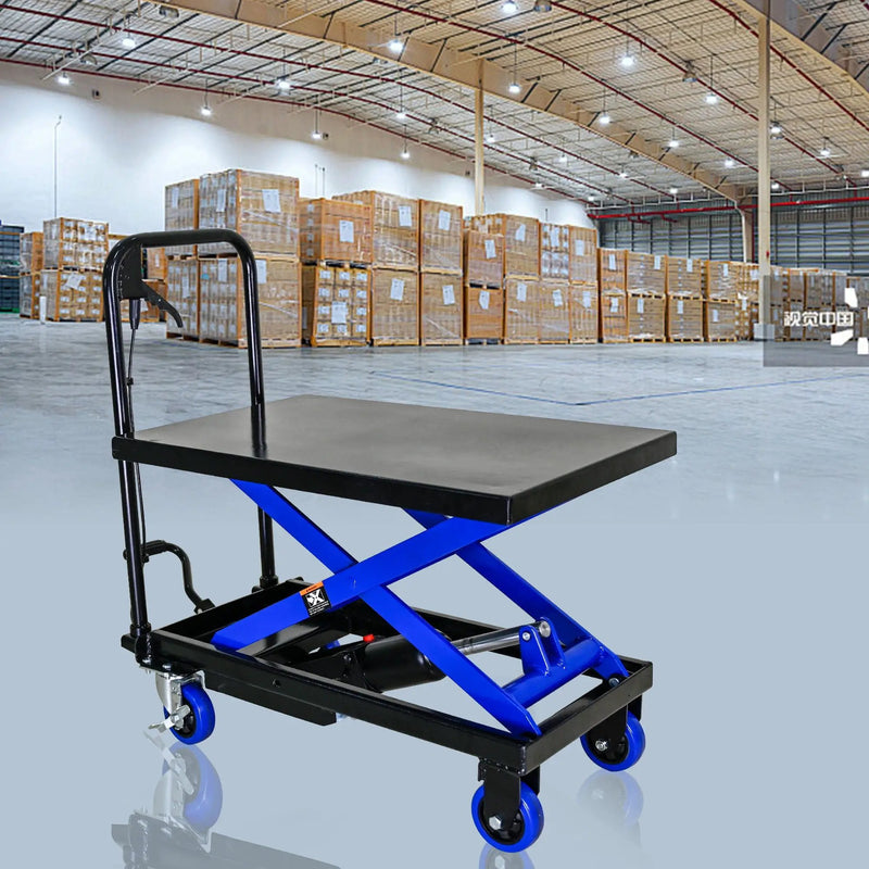 Hydraulic Lift Trolley, 500 Lbs Capacity, With 4 Wheels, For Material Handling And Transportation - Black / Blue by HouseOfZazla
