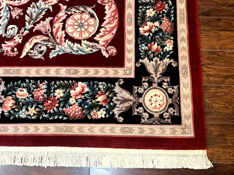 Chinese Aubusson Rug 9x12, Burgundy, Handmade Vintage Wool Carpet, Fine 210 KPSI, Elegant European Design by Jewel Rugs