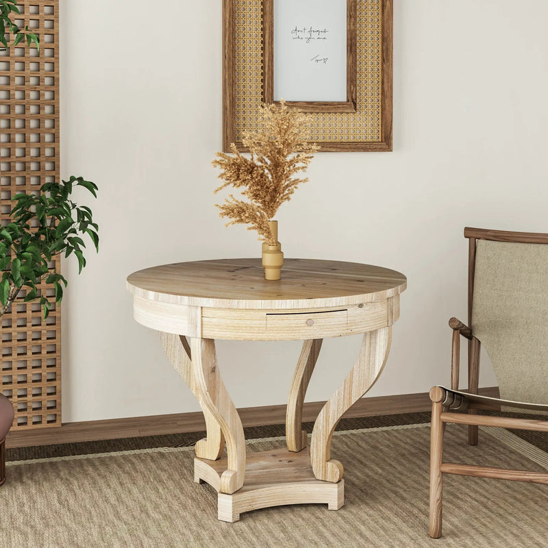 Curved Legs Farmhouse Style Small Size Round Dining Table End Table Side Table Coffee Table For Dinette, Kitchen, Dining Room Or Living Room - Natural Wood Grain Distressed by Unique Piece Furniture