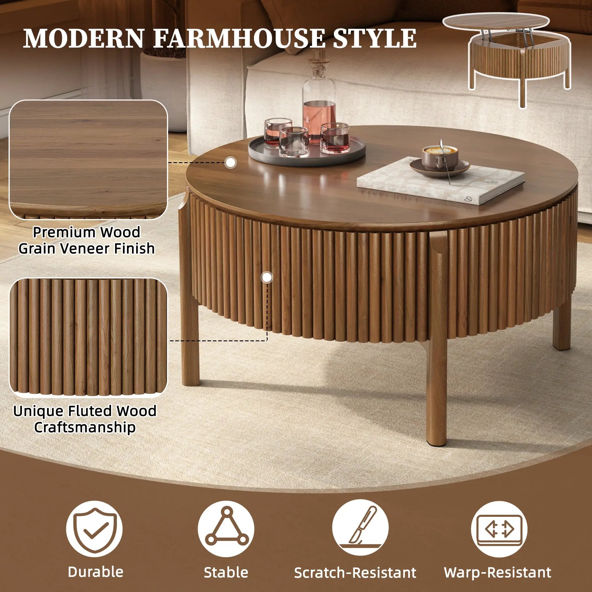 Round Lift Top Coffee Table with Hidden Storage by HouseOfZazla