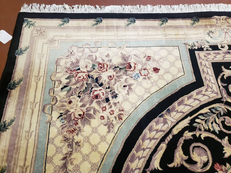 8x10 Aubusson Rug, Fine Hand Knotted Wool Carpet, French European Design, Black & Ivory by Jewel Rugs