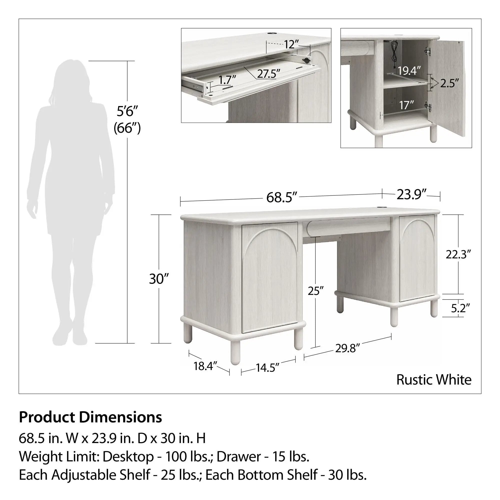 Selena - Double Pedestal Desk - Rustic White by HouseOfZazla