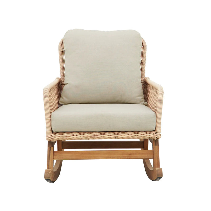 Modern 3 Piece Outdoor Seating Set with Cushioned Rattan Rocking Chairs and Wooden Accent Table by HouseOfZazla