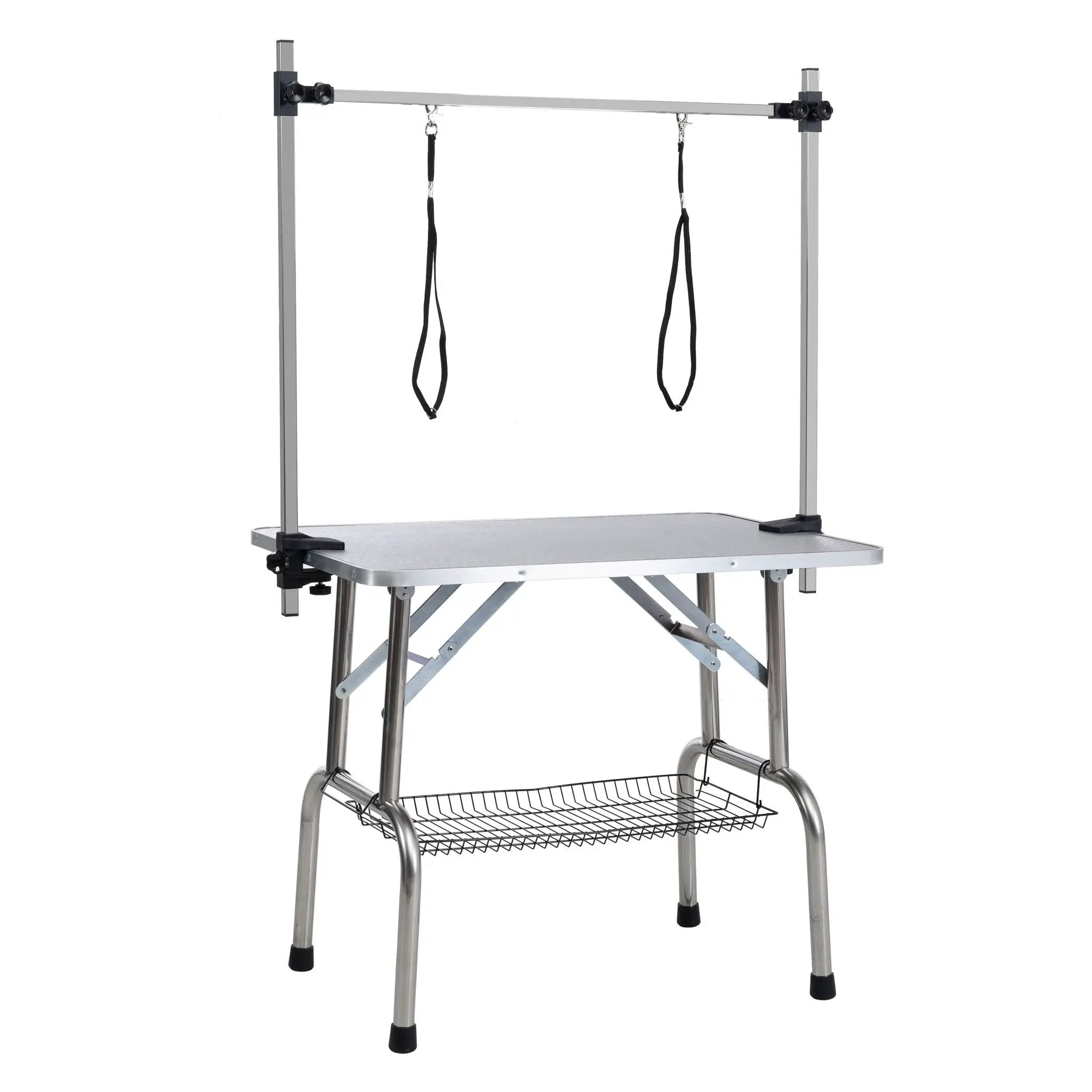 Folding Dog Pet Grooming Table Stainless Steel Frame Rubber Mat On Board With Adjustable Arm And Clamps Pet Dog Cat Grooming Table by HouseOfZazla