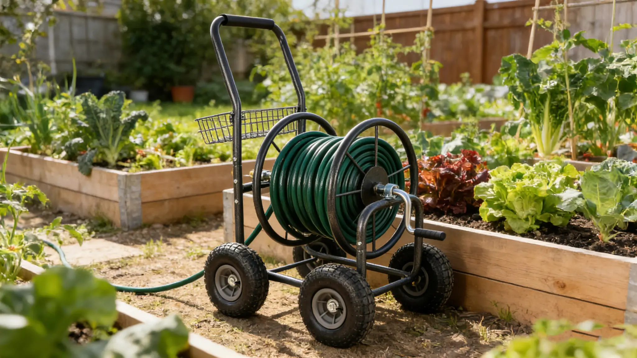 Garden Hose Reel Cart - 4 Wheels Portable with Storage Basket by HouseOfZazla