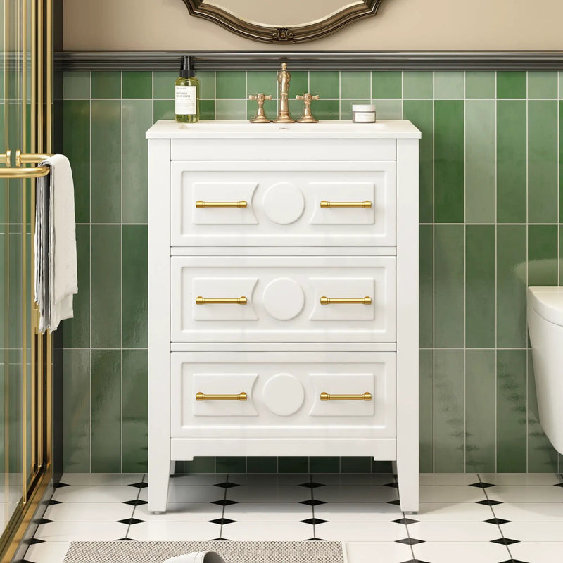 Bathroom Vanity With Sink, Free Standing Single Set, 3 Drawer Storage Cabinet by Unique Piece Furniture
