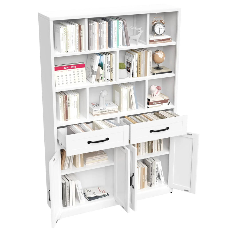 Bookcase Tall With 2 Doors & 2 Drawers, Fixed Open Shelves - White by HouseOfZazla