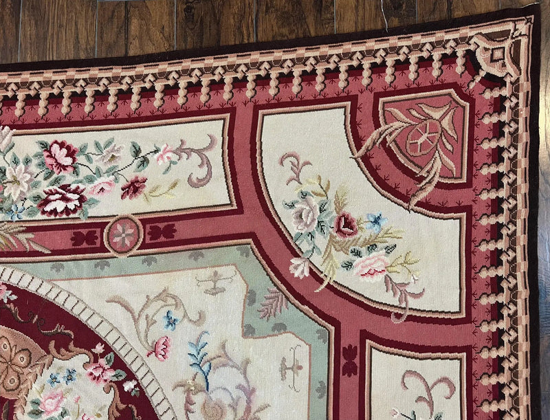 Needlepoint Rug 7.9 x 9, Beige Maroon Rose, Handmade Handwoven Flatweave Aubusson Savonnerie French European Elegant Carpet, Wool Rug by Jewel Rugs