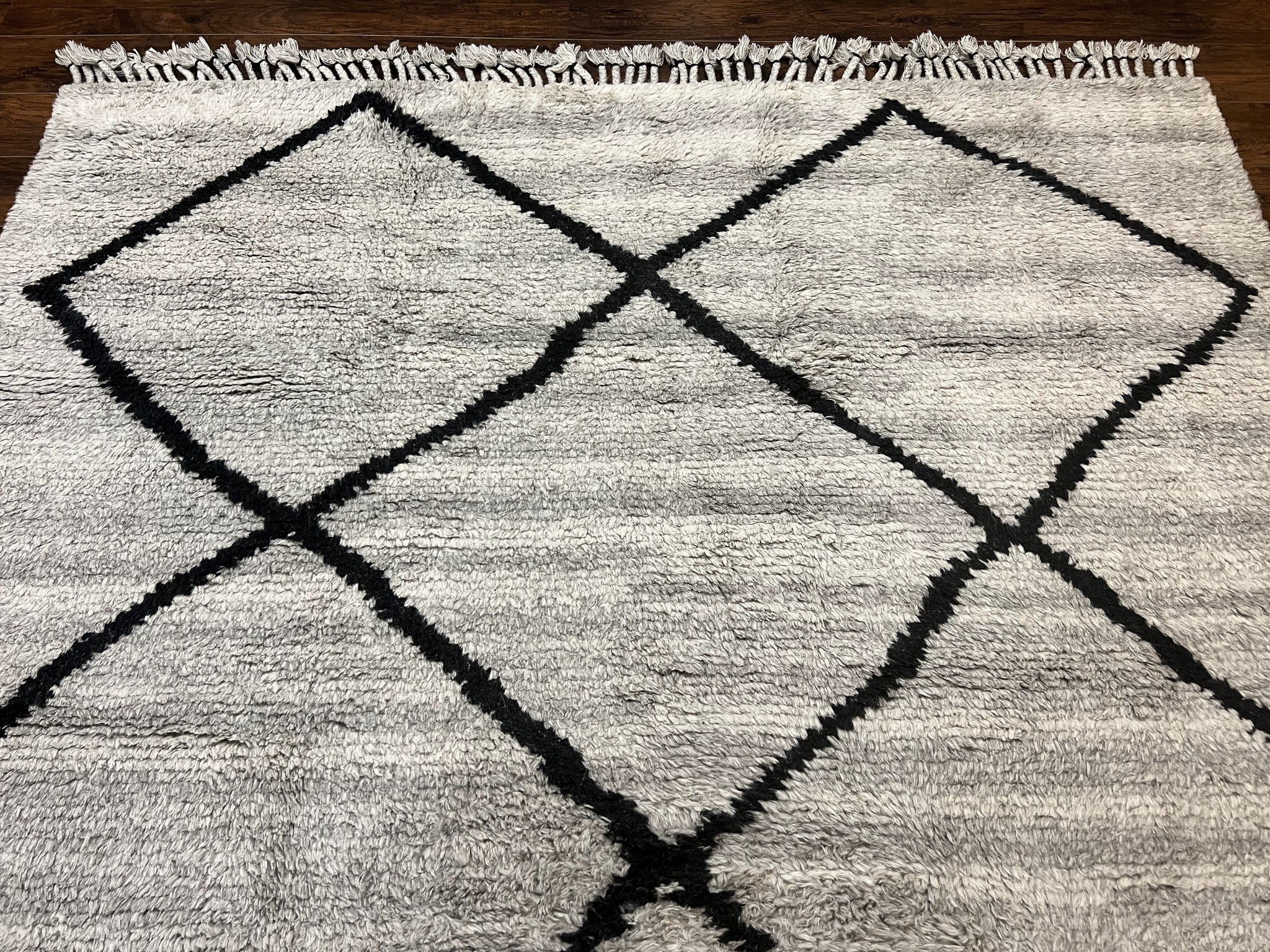 Modern Shag Rug 8x10, Gray and Black, Wool and Cotton, Lulu and Georgia, Handmade Indian Shag Rug by Jewel Rugs