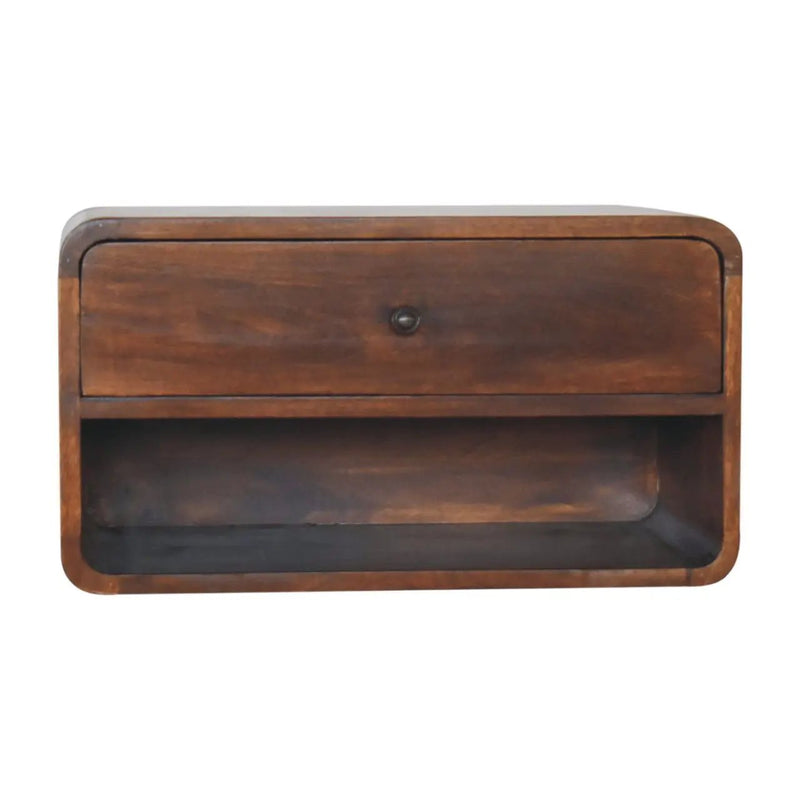 Solid Wood Large Curve Floating Bedside, 1-Drawer, 1 Open Slot, Chestnut by HouseOfZazla